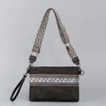 Handcrafted black woven shoulder bag with ethnic blue and brown stripe and wide strap - Black