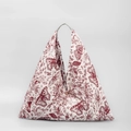 Triangle tote bag with red and white Toile de Jouy butterfly print and elegant top handle - Red and White Butterfly Plant Floral