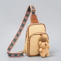 Straw woven crossbody bag with embroidery strap and brown plush bear charm accessory - Brown Bear Pendant (ES240001-1)