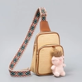 Straw crossbody chest bag with brown leather trim and ethnic print shoulder strap - Pink Pig Pendant (ES240001-2)