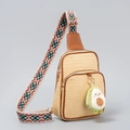 Beige straw crossbody bag with colorful ethnic strap and green avocado plush charm - Green Avocado Pendant (ES240001-3)