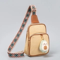 Large beige woven chest bag with brown trim, folk pattern strap and avocado plush charm - Avocado Shape Pendant (ES240001-4)
