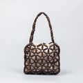 Handgefertigte dunkelbraune Holzperlen-Handtasche mit weißem Segeltuch-Innenbeutel - Kaffeebraun