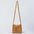 Sac à main fait main en perles de bois avec doublure blanche à cordon pour les vacances - 21x3x19cm / Café