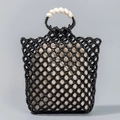 Borsa a mano artigianale in perline nere con manico bianco e tasca interna beige - Nero (BB22011-Nero)