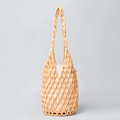 Handwoven wooden bead bucket bag with natural beads and cream canvas drawstring lining - Beige / 17x17x36CM