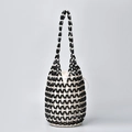 Handmade woven wood bead bucket bag with black beads and a cream drawstring lining - Black with White Beads / 17x17x36CM