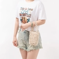 Handmade cream beaded tote bag for beach vacation with bohemian woven wood bead style - 12*12*17CM / Off White