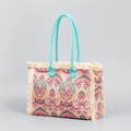 Bolso tote bohemio de lona con estampado étnico rosa, asas de cuerda turquesa y borlas blancas - Base Rosa Estampado Púrpura Azulado (BY8335)