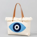 Cremefarbene Häkeltasche mit blauem Evil-Eye-Stickerei, Quasten und braunem Lederriemen - Böser Blick Stil (YX23006-1) / Gebrochenes Weiß