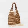 Handmade wooden bead tote bag with white tassels and canvas drawstring lining - Brown Style (BB250002--3)