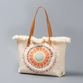 Bohemian off-white canvas tote bag with mandala pattern, tassels and brown leather handles - Mandala Disk Pattern Style (YX240008-2)