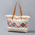 Ethnic style canvas tote bag with colorful geometric patterns and white tassels - Tri-color Geometric Pattern Style (YX240008-3)