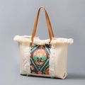 Bohemian floral canvas tote bag with white tassels and brown faux leather handles - Colorful Embroidery Floral Style (YX240008-1)