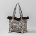 Bohemian black and white woven tote bag with fringe details and leather accents - Black/White Diamond Woven Style (YX240006-2)