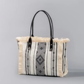 Ethnic canvas tote bag with black geometric patterns and cream fringe details - Black Ethnic Geometric Style (YX240007-1)
