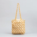 Handmade woven wood bead handbag in light yellow with drawstring fabric liner - Beige
