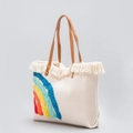 White woven canvas tote bag featuring vibrant rainbow tassels and brown leather handles - Five-Color Rainbow Tassel Style (YX23004-1)