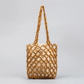 Handmade wooden bead tote bag with olive-shaped beads and ivory canvas drawstring lining - Coffee