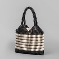 Bolso de cuentas artesanal con rayas negras y crema con forro interior de cordón - Negro+Blanco