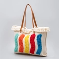 White canvas tote bag with colorful plush stripes and bohemian fringe details - Five-Color Plush Stripe Style (YX23004-2)