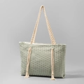 Sac fourre-tout en toile tissée verte avec pompons blanc crème et poignées tressées pour femme - 50*10*32cm / Vert Herbe (YX240004-2)