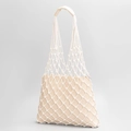 Sac de plage en maille bohème fait main avec pochette beige et fermeture éclair argentée - Blanc Cassé