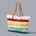 Bohemian large canvas tote bag with multi-colored tassels and brown leather handles - Red Yellow Green Blue Horizontal Tassel Style (YX250005-1)