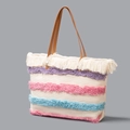 Canvas tote bag with multi-color fringe tassels and leather handles in beige - Purple Pink Blue Three-Color Tassel Style (YX250005-2)