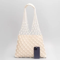 Handwoven cream white mesh tote bag with inner pouch and padded shoulder strap - White And Creamy White