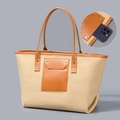 Grande borsa tote in tela intrecciata beige con finiture in pelle marrone e tasca - Stile Patchwork Beige (YX250001-1【外袋可放】)