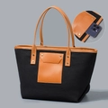 Borsa tote in tela intrecciata nera con manici in pelle marrone e tasca per cellulare - Stile Patchwork Nero Marrone (YX250001-3【外袋可放】)