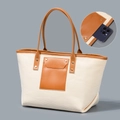 Borsa tote da spiaggia in tela bianca con tasche in pelle marrone e borchie - Stile Patchwork Bianco Marrone (YX250001-4【外袋可放】)