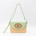 Bolso bohemio de paja beige con solapa de cuero verde y bordado de ojo turco - Estilo Ojo Turco(ES230005-11) / Verde Menta