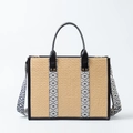 Sac fourre-tout en paille avec garniture en cuir noir et bandoulière géométrique - Noir