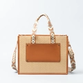 Sac fourre-tout en paille beige avec poche en cuir marron et sangle brodée ethnique - Chocolat