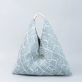 Blue and white geometric pattern triangle tote bag with white handle and gold button detail - Blue White Geometric Lines (F9150-10)