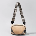 Beige woven crossbody bag with geometric pattern wide strap and black trim finish - Black Trim Geometric Wave Strap Style (OY23003-2)