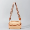 Beige straw woven crossbody camera bag with brown leather trim and ethnic jacquard strap - Brown Trim Ethnic Strap Style (OY23003-3)