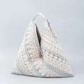 Triangle geometric tote bag with ethnic pattern and cream leather handle in blue and orange - Ethnic Diamond Pattern (F9150-12)