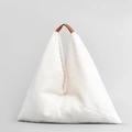 Minimalist white fuzzy triangular handbag with brown leather handle accents for women - White / 58*58cm