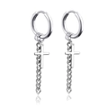 Detail of silver cross drop earrings with hanging metal chain on a classic hoop base - Flat Cross Fine Mesh Chain Style