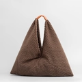 Brown fuzzy faux shearling triangle handbag with light coffee leather top handle - Brown / 58*58cm