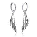 Silver drop earrings with three dangling chains and detailed feather pendants - Feather Chain Dangle Punk Style