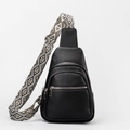 Black pebbled PU leather chest bag featuring wide geometric pattern woven shoulder strap - 20*10*28cm / Style B Black