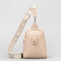 Beige lychee texture PU leather chest bag with geometric jacquard wide shoulder strap - 18*8*24cm / White