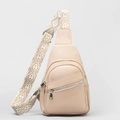 Beige kunstlederen crossbodytas met ritsen en een brede riem met geometrisch patroon - 20*10*28cm / Wit