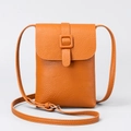 Vertical small crossbody phone bag in orange-yellow pebble leather with square buckle - 14*4*19cm / Brown