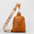 Brown litchi texture PU leather chest bag with a geometric pattern woven wide strap - 18*8*24cm / Brown