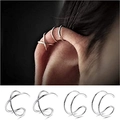 Set of 4 silver non-pierced ear cuffs featuring cross and parallel double band designs - Criss Cross And Double Line Combination / Silver